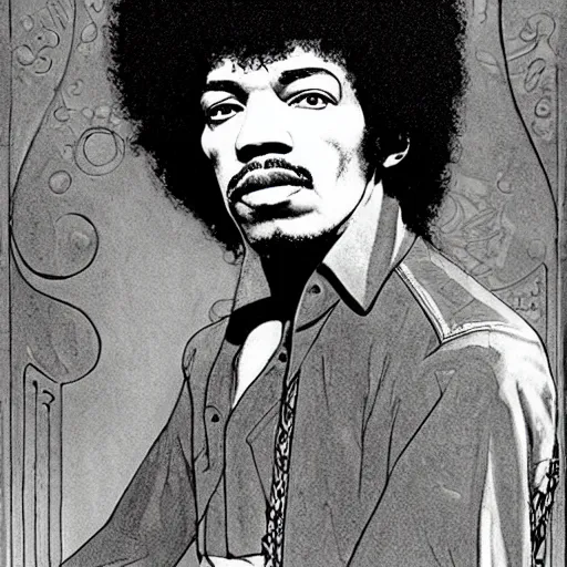 Image similar to artwork by Franklin Booth showing a portrait of Jimi Hendrix