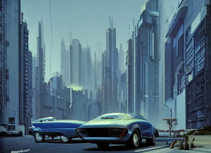 Image similar to a blue car driving down a street next to tall buildings, cyberpunk art by Chesley Bonestell, cgsociety, retrofuturism, matte painting, reimagined by industrial light and magic