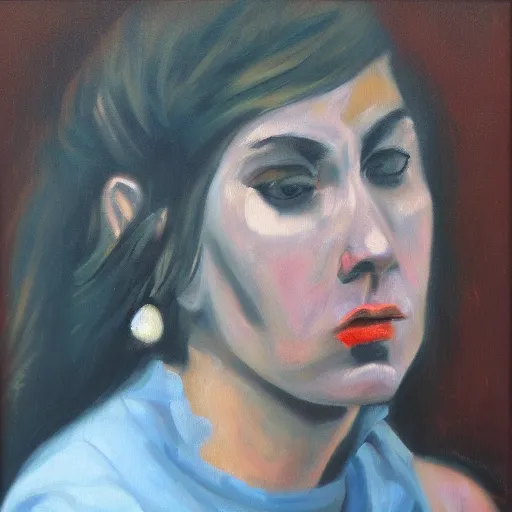 Image similar to scared woman staring up, oil painting, oil in canvas, brushstrokes