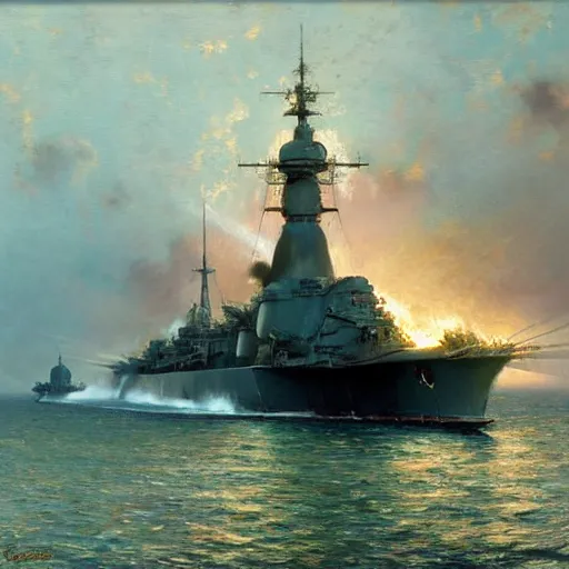 Image similar to detailed cinematic wide shot of world war 2 battleship, ultra realistic, spring light, painting by gaston bussiere, craig mullins, j. c. leyendecker