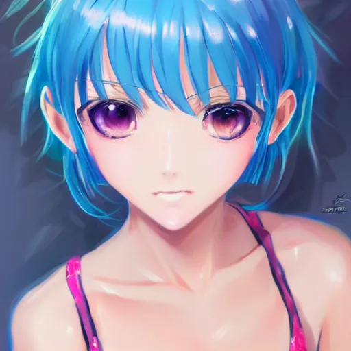 Prompt: anime portrait of a girl, bikini, short pink hair, azure blue eyes, full body, cute, detailed, by Stanley Artgerm Lau, WLOP, Rossdraws, James Jean, Andrei Riabovitchev, Marc Simonetti, and Sakimichan, trending on artstation
