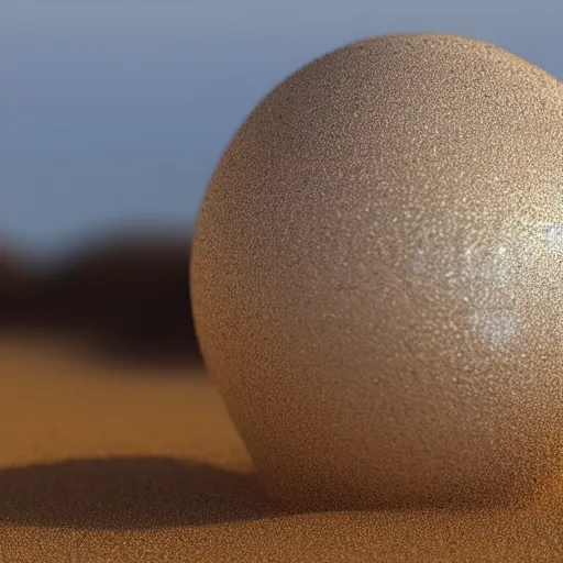 Image similar to a sphere made of sand levitating on water, highly detailed and photorealistic