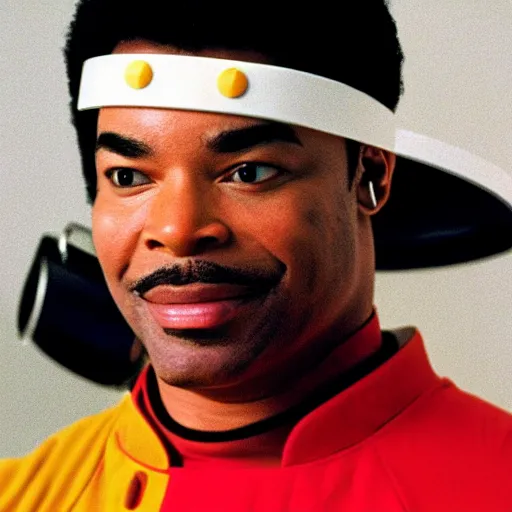 Image similar to Geordi LaForge wearing visor and a colander and random kitchen tools on his head