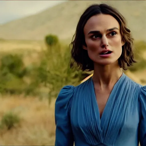 Image similar to Kiera Knightley as Dolores in Westworld (2018), blue dress, film still