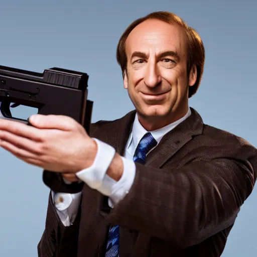 Image similar to a medium shot photo of saul goodman extremely happy to have a gun ,8k, DSLR, highly detailed skin