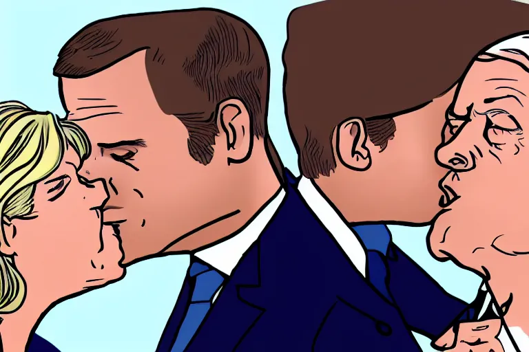 Prompt: Emmanuel Macron kissing Marine Lepen on the mouth , cartoon, white background