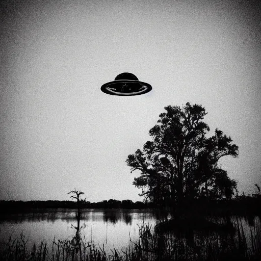 Prompt: dark photo of an ufo above the louisiana swamp's, black and white, pictorialism