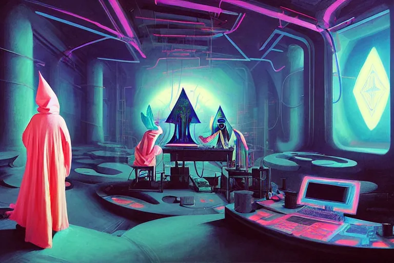Image similar to a beautiful masterpiece painting of a technomancer wizard in robes with pointed hood creating a synthesized AI djinn in his laboratory near a computer by Remedios Varo and Anato Finnstark and Greg Rutkowski, dayglo pink, dayglo blue, dazzle camouflage