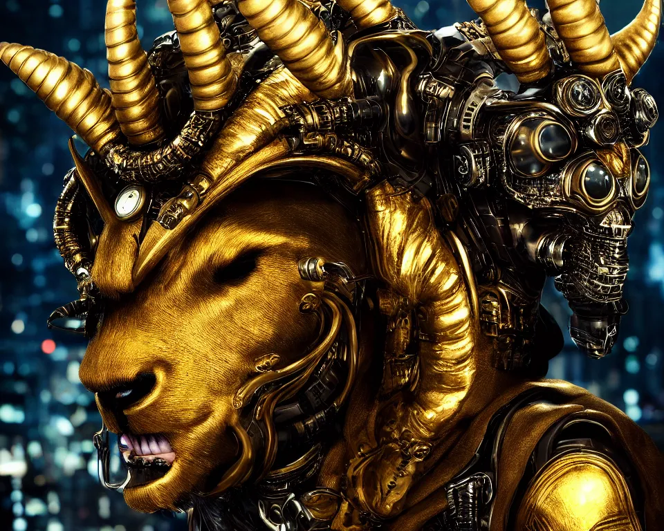 Image similar to cyberpunk Black ram with golden horns portrait, detailed face and eyes, city background, by Anne Stokes, 8K DoP