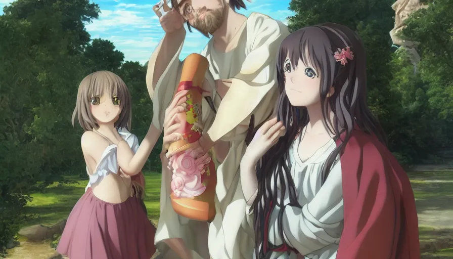 Image similar to jesus christ our lord and savior blessing a cute anime girl, photorealistic, anime, mini skirt, renaissance painting, hyper real, detailed, wide angle shot