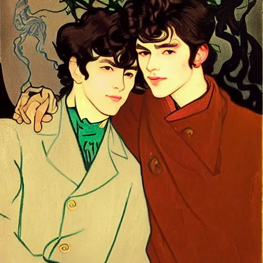 Image similar to painting of young cute handsome beautiful dark medium wavy hair man in his 2 0 s named shadow taehyung and cute handsome beautiful min - jun together at the halloween! party, bubbling cauldron!, candles!, smoke, autumn! colors, elegant, wearing suits!, clothes!, delicate facial features, art by alphonse mucha, vincent van gogh, egon schiele