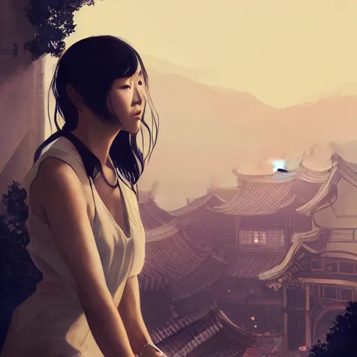 Prompt: A Korean woman in a stylish dress as a grand theft auto 5 loading screen, close shot, gorgeous, beautiful, intricate, highly detailed, digital painting, artstation, oppressive lighting, concept art, sharp focus, illustration, art by greg rutkowski and alphonse mucha