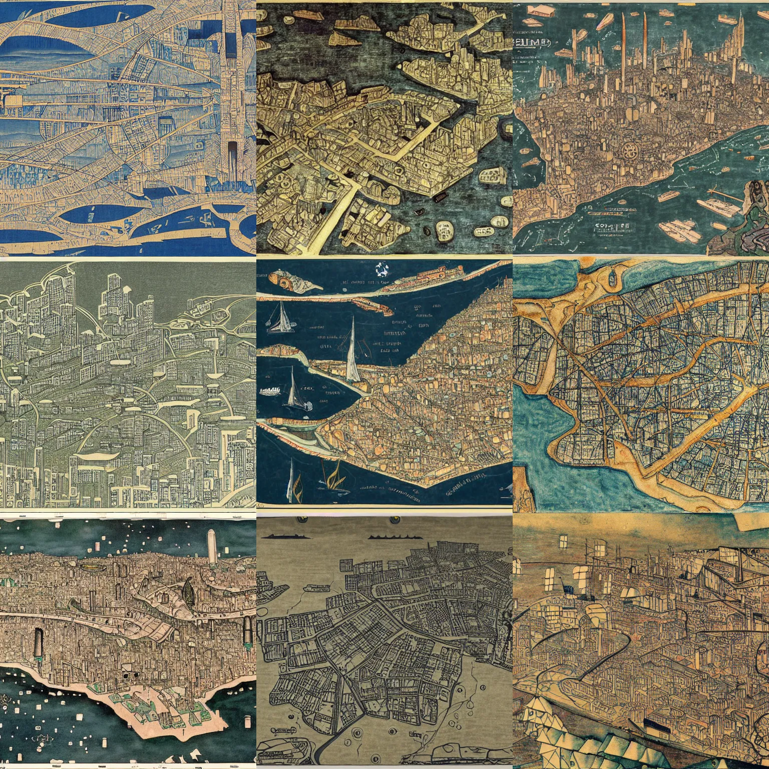 Prompt: a detailed map of a futuristic dystopian city located in an island with several ships sailing around it, in the style of egon schiele