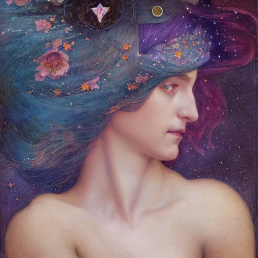 Image similar to queen of the moon with stars in her hair, by annie swynnerton and tino rodriguez and nicholas roerich and jean delville and donato giancola and tom bagshaw, dramatic lighting, floral tattoos, rich colors, smooth sharp focus, extremely detailed, adolf wolfli