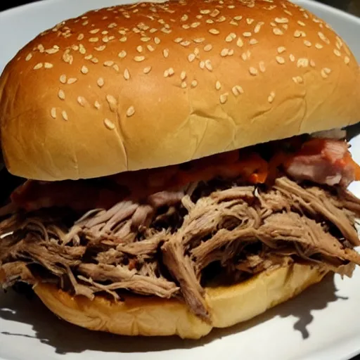 Image similar to pulled pork sandwich in the style of joe fenton