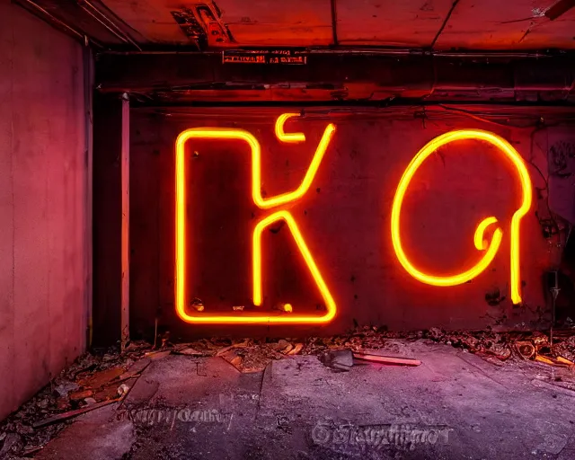 Image similar to An abandoned industial basement lit by a neon sign that says GAK, GAK sign, basement, cinematography by Robby Müller, GAK basement, industrial