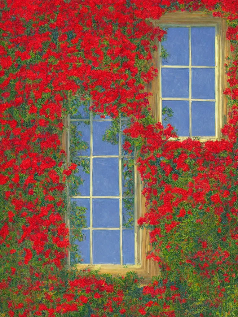 Image similar to a interior photo of a vintage house single window with view to the sunrise near some red flowers, hyperrealistic, digital painting, masterpiece, high quality, highly detailed, high coherence, path traced, serene landscape, beautiful, elegant, bloom, godrays, complementary colors, natural lighting, symmetrical, low contrast, geometrically correct