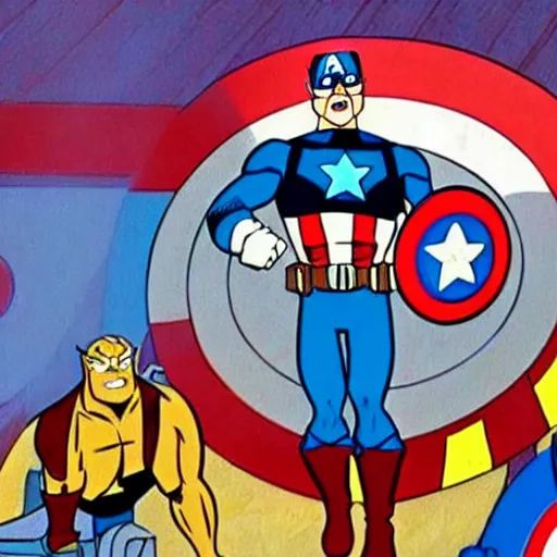 Prompt: film still of captain america in scooby - doo ( 1 9 6 9 )