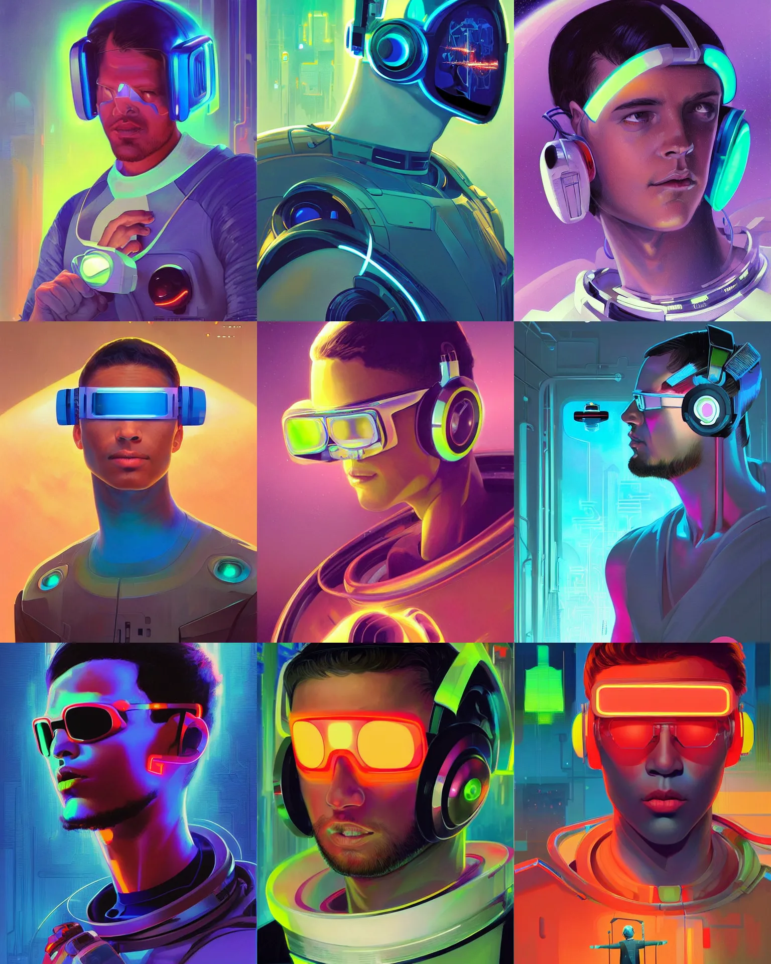 Prompt: future coder man looking on, sleek cyclops display over eyes and sleek bright headphoneset, neon accent lights, holographic colors, desaturated headshot portrait digital painting by dean cornwall, rhads, john berkey, tom whalen, alex grey, alphonse mucha, donoto giancola, astronaut cyberpunk electric