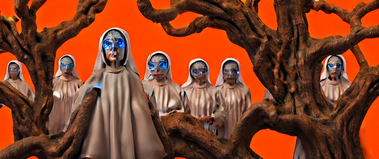 Prompt: hyperrealistic hyper detailed 35mm portrait of cyborg nuns tangled into a giant oak tree matte painting concept art key sage jeff koons very dramatic orange lighting low angle hd 8k sharp shallow depth of field