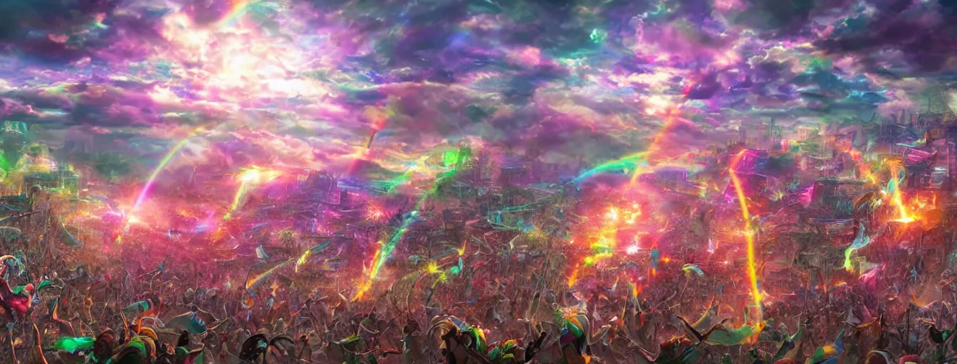 Prompt: a zoomed out panoramic view an army of rainbow soul army calvary screaming into the battlefield. hyperrealistic anime background illustration by irakli nadar, colorful, extremely detailed intricate linework, smooth, super sharp focus, bright colors, high contrast, matte, octopath traveler, unreal engine 5 highly rendered, global illumination, radiant light