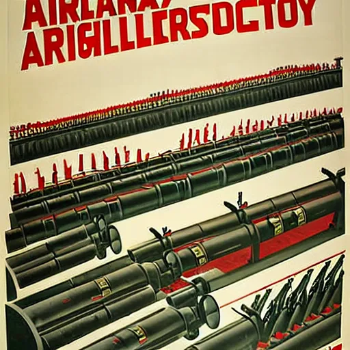 Prompt: propaganda poster featuring an extremely large number of artillery cannons, artillery, guns, production line inside a factory, parallel lines, limited palette, ww 1