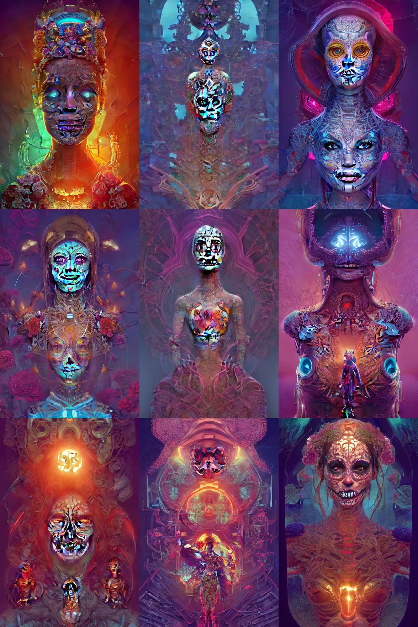 Prompt: safe haven, beautiful female android, highly detailed vfx, intricate detailed environment, global illumination, by james jean and moebius and artgerm and liam brazier and victo ngai and and tristan eaton. detailed, vector art, digital illustration, concept art, dia de los muertos. 8 k, hdr