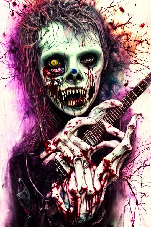 Image similar to zombie punk rocker playing guitar by agnes cecile, brian froud, intricated details, 3 / 4 view, full body portrait, extremely luminous bright design, horror, pastel colours, toxic drips, autumn lights