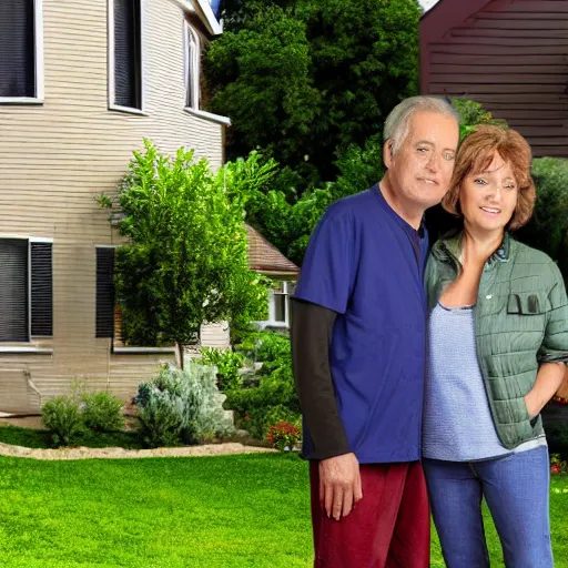 Image similar to a man and a woman around 3 0 years are standing in the backyard of a downtown home. natural faces, realistic colors, detailed photo 8 k