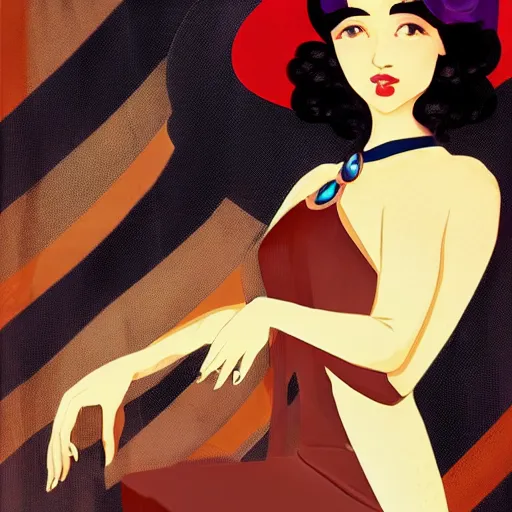 Image similar to portrait of a beautiful girl with dark hair dressed in 1920's art deco fashion, speakeasy bar background, rich vivid colors, mood lighting, ambient lighting, dynamic lighting, 4k, official media, anime key visual, makoto shinkai, ilya kuvshinov, lois van baarle, rossdraws, detailed, trending on artstation