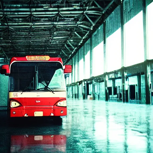 Image similar to 1990s perfect 8K HD professional cinematic photo of a bus in dystopian hangar, at evening during rain, at instagram, Behance, Adobe Lightroom, with instagram filters, depth of field, taken with polaroid kodak portra