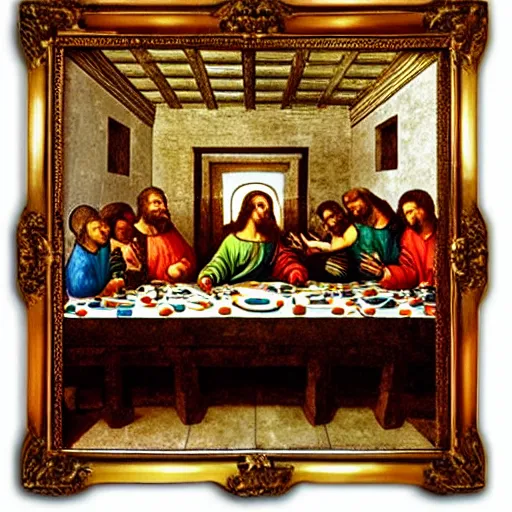 Prompt: last supper by leonardo da vinci bit with pizza