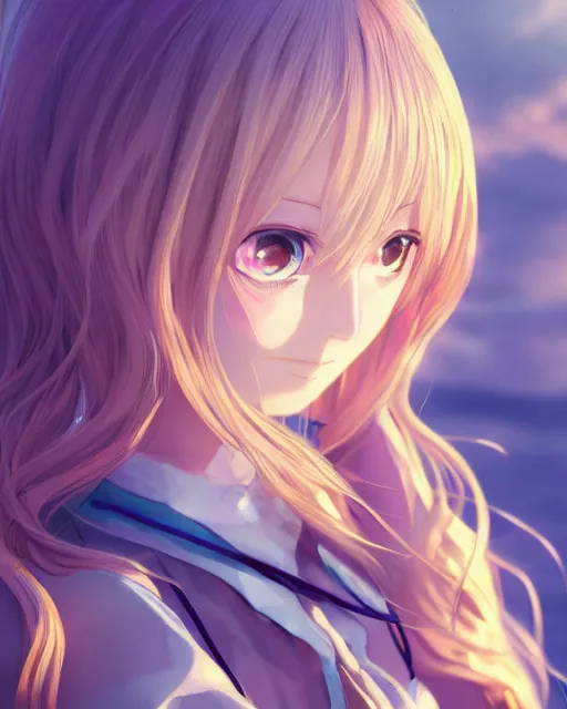 Image similar to Alice by Andrew Khok and Mitsu Art and Aniplex, Alicization, flowing blonde hair, anime, symmetrical face, blue eyes, elegant, sunset, trending on artstation, artstationHD, artstationHQ, patreon, 4k, 8k, unreal engine, exquisite detail, sharp focus, beautiful