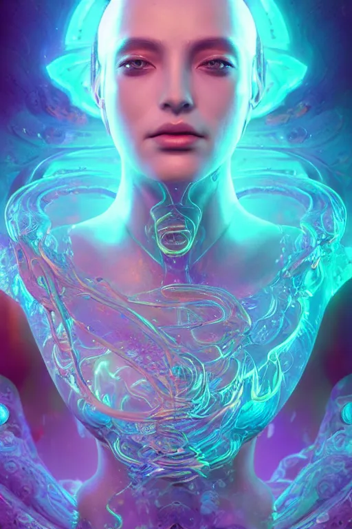 Image similar to a render of an ancient futuristic ethereal alluring goddess with digital modifications surrounded by a underwater ink pour and flowing liquid gallium and complex sacred geometry, powerful, cinematic, beautifully lit, perfect face, by beeple, by artgerm, by karol bak, 3 d, trending on cgsociety, octane render, zbrush central, 8 k