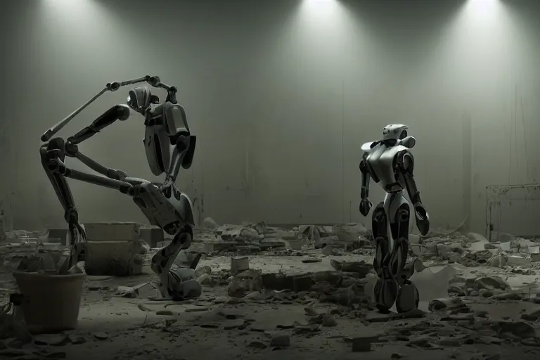 Prompt: vfx film, behind the scenes, on location, set design, m, making of, big film production, cinematographer filming futuristic tesla humanoid robots, dilapidated war torn city, flat color profile low - key lighting award winning photography arri alexa cinematography, hyper real photorealistic cinematic, atmospheric cool colorgrade