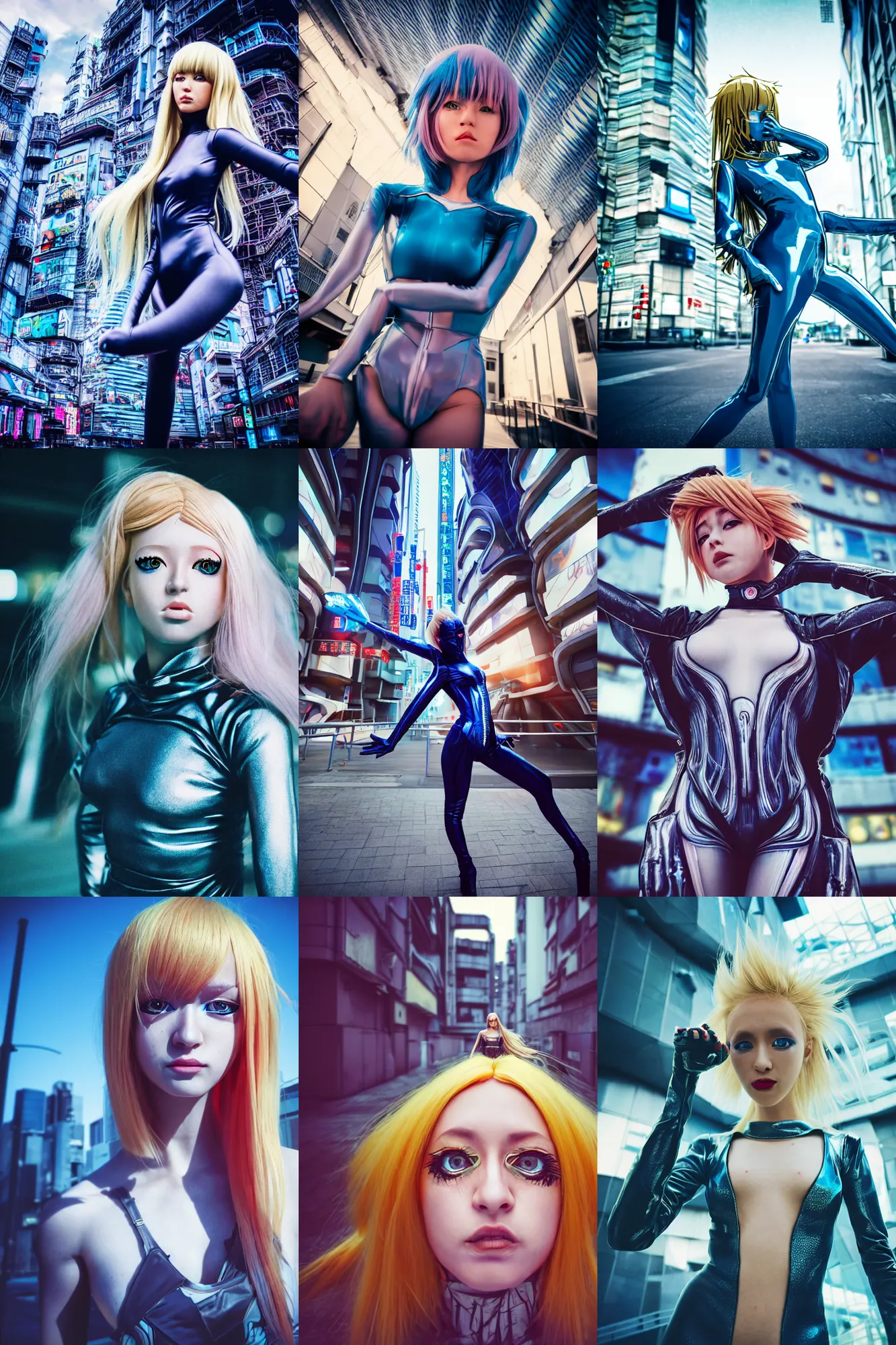 Prompt: Cinestill 50d,8K,highly detailed: beautiful three point perspective extreme closeup portrait photo in style of H.G Giger illuminated 2000s frontiers in cosplay retrofuturism tokyo seinen manga street photography fashion edition, tilt shift zaha hadid style anime tokyo background, highly detailed, focus on model;vaporwave ;blonde hair;blue eyes;pointé pose, clear eyes, soft lighting