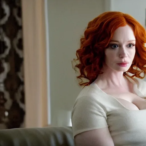 Image similar to a very surprised looking beautiful Christina Hendricks r in the living room, film still from the movie directed by Denis Villeneuve , wide lens