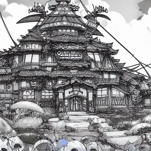 Prompt: stylized concept art of beautiful parametric villa anime style by katsuya terada and artstationtrending and pixv and princess mononoke olmec ghibli