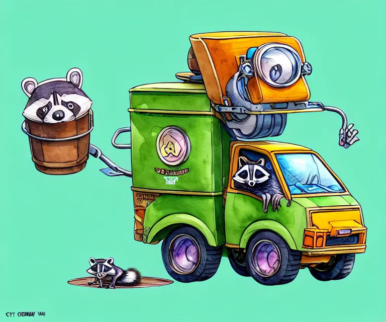 Image similar to cute and funny, racoon wearing goggles driving a tiny garbage truck, ratfink style by ed roth, centered award winning watercolor pen illustration, isometric illustration by chihiro iwasaki, edited by craola, tiny details by artgerm and watercolor girl, symmetrically isometrically centered