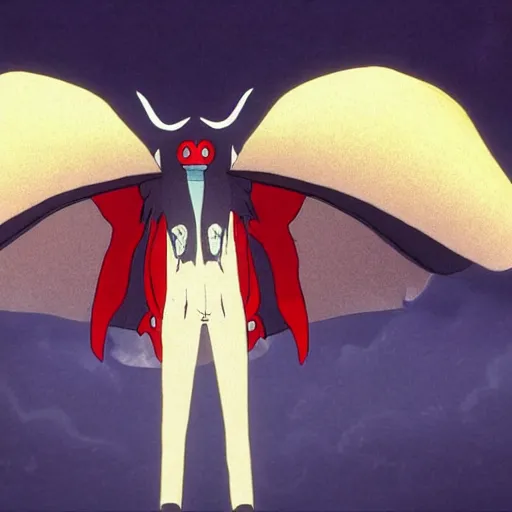 Image similar to 4K headshot of mothman with a mushroom hat and rouch clothes with giant wings , intricate face , flawless anime cel animation by Manabu Oshashi and Satoshi Kon, professionally post-processed , beautiful, scary, symmetry accurate features, epic, octane rendered, anime masterpiece, accurate
