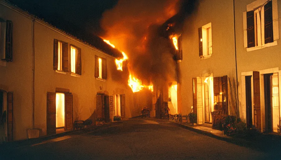 Image similar to 1 9 7 0 s movie still of a burning french style townhouse in a small french village by night, cinestill 8 0 0 t 3 5 mm, heavy grain, high quality, high detail, dramatic light, anamorphic, flares