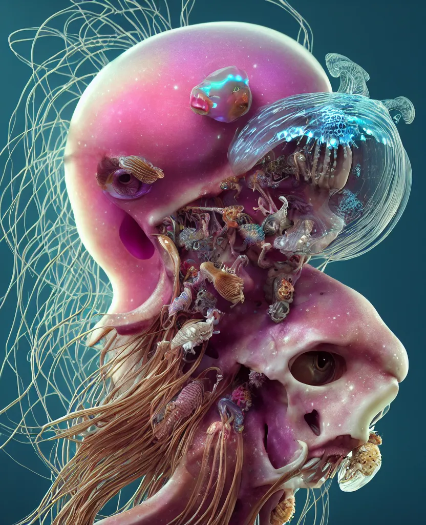 Image similar to goddess princess face close-up portrait ram skull. jellyfish phoenix head, nautilus, orchid, skull, betta fish, bioluminiscent creatures, intricate artwork by Tooth Wu and wlop and beeple. octane render, trending on artstation, greg rutkowski very coherent symmetrical artwork. cinematic, hyper realism, high detail, octane render, 8k