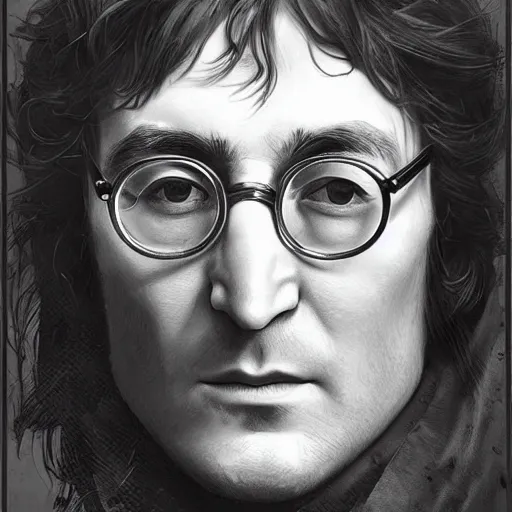 Image similar to Beautiful face Portrait of John Lennon, powerful magic, thunders, dramatic lighting, intricate, wild, highly detailed, digital painting, artstation, concept art, smooth, sharp focus, illustration, art by artgerm and greg rutkowski and alphonse mucha, footage from space camera