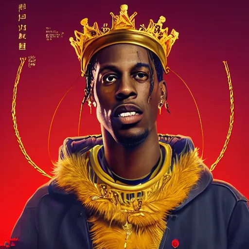 Image similar to travis scott with a golden crown, album cover,, a character portrait by weiwei, cgsociety, sots art, official art, art, character,