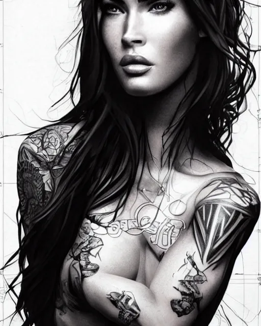 Image similar to realism tattoo design sketch of megan fox face blended with beautiful mountain scenery, in the style of dan mountford, double exposure photography, hyper realistic, amazing detail, black and white