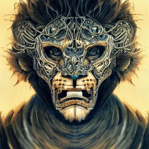 Prompt: Very very very very highly detailed epic photo of face with scared lion venetian mask, intricate, dystopian, sci-fi, extremely detailed, digital painting, artstation, concept art, smooth, sharp focus, illustration, intimidating lighting, incredible art by Artgerm and Vincent di Fate
