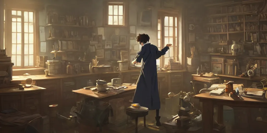 Prompt: a wizard with brown hair is standing at his desk working with jars of liquids, beakers of bubbling potions, coherent, medium shot, waist up, studio ghibli, pixar and disney animation, sharp, rendered in unreal engine 5, anime key art by greg rutkowski, bloom, dramatic lighting