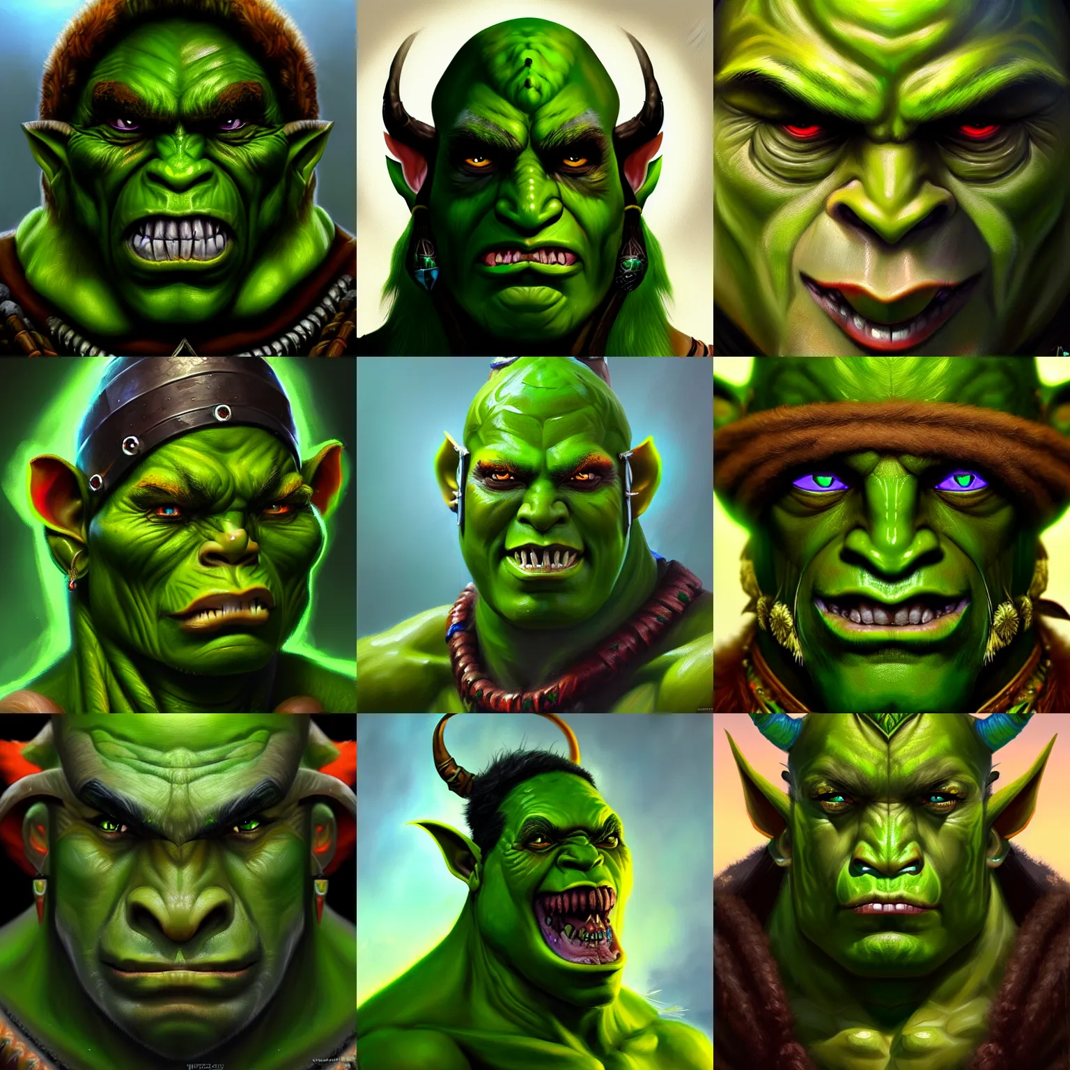 Prompt: concept art oil painting, fantasy portrait of a green - skinned orc war shaman, extremely detailed, brush hard, trending on artstation, 8 k resolution artwork, painting with detailed realistic face