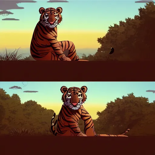 Image similar to anthropomorphic tiger bandit in swamplands gazing at the sunset, cinematic, studio ghibli, wide shot, dramatic lighting, dynamic, ultra realistic, ultra detailed, 8 k, thin line work, trending on artstation