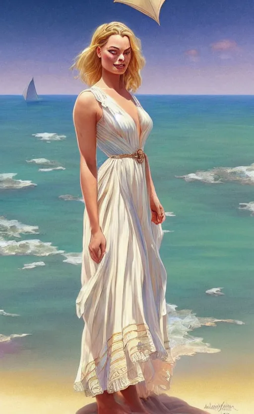 Prompt: A beautiful Margot Robbie wearing a sundress on the beach, D&D, fantasy, intricate, elegant, highly detailed, digital painting, artstation, concept art, matte, sharp focus, illustration, art by Artgerm and Greg Rutkowski and Alphonse Mucha